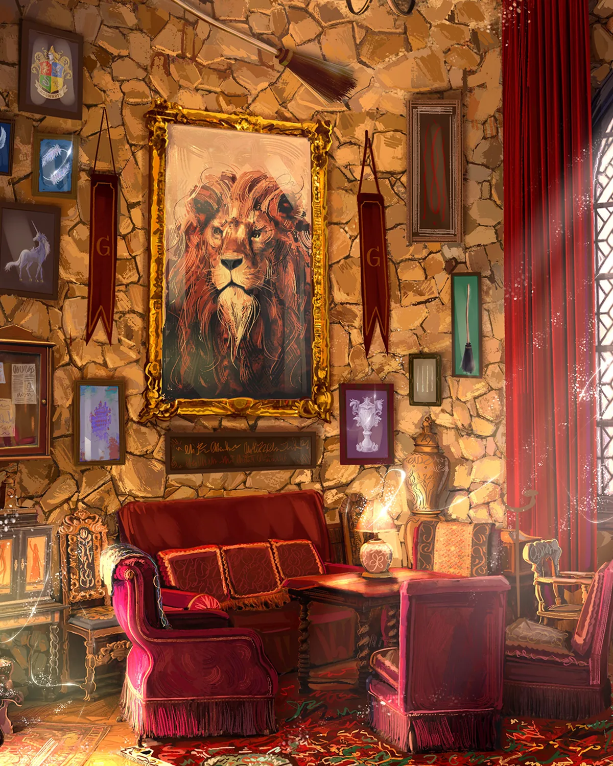 The Gryffindor common room, a lion above the fireplace and red armchairs in sunlight