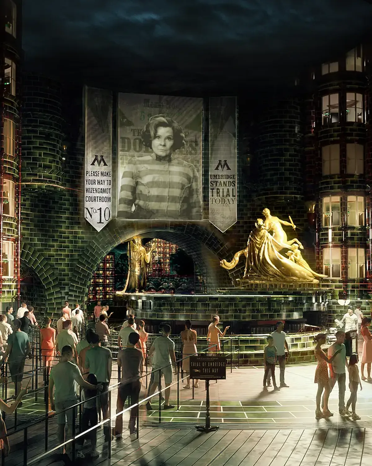 The Ministry of Magic atrium, green tile and a golden fountain