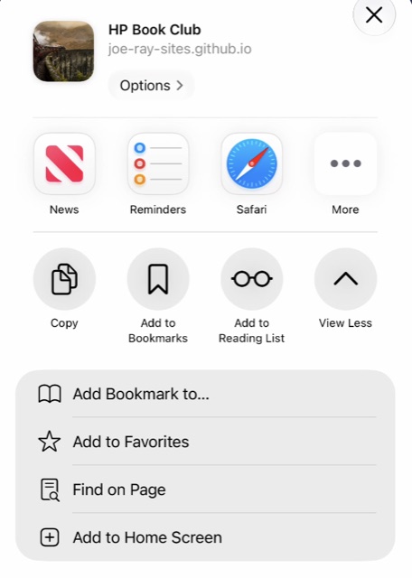 The expanded share sheet, with Add to Home Screen at the foot of the list