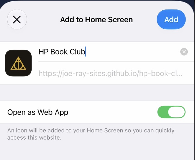 The Add to Home Screen card for HP Book Club, the Hallows icon beside the name, Open as Web App switched on and the Add button at the top right